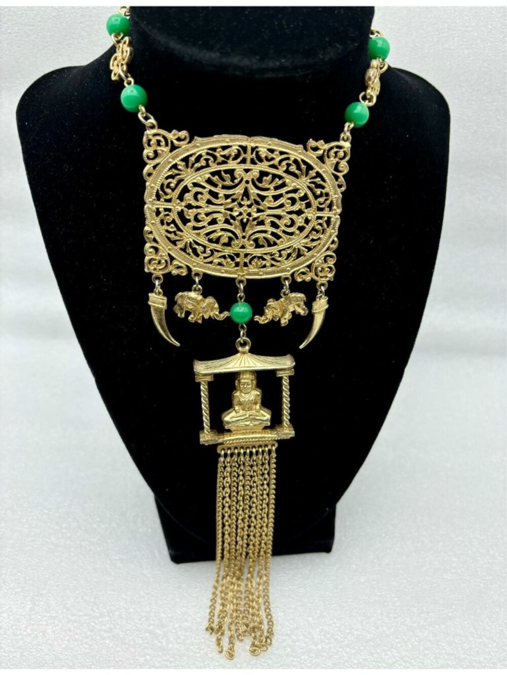 1960s Ornate Gold Tone Pendant Necklace Buddha Elephant Temple